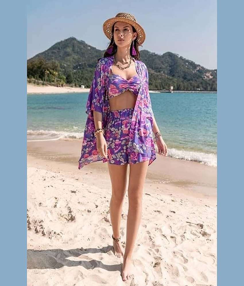 COOL AND CASUAL Women Printed Top With Shorts Co-Ord Set ( Purple )