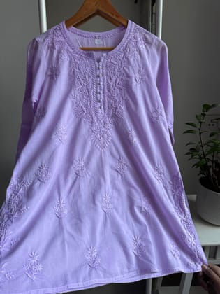 Mul Cotton Chikankari Full sleeves short Top - Lilac-White / Cotton / M