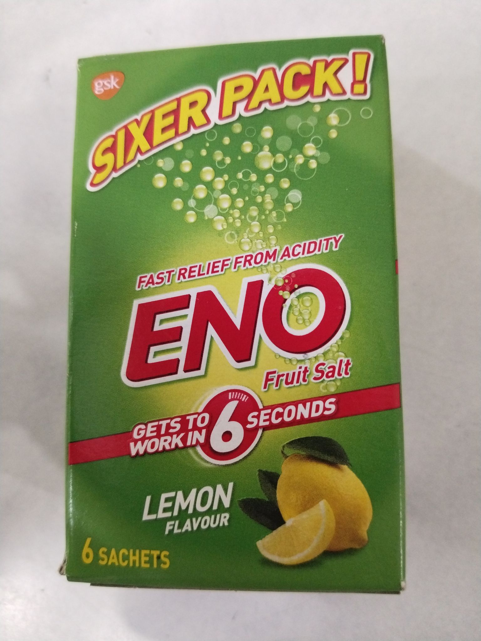 Eno fruit salt 6 second lemon flavour 6 sachets 