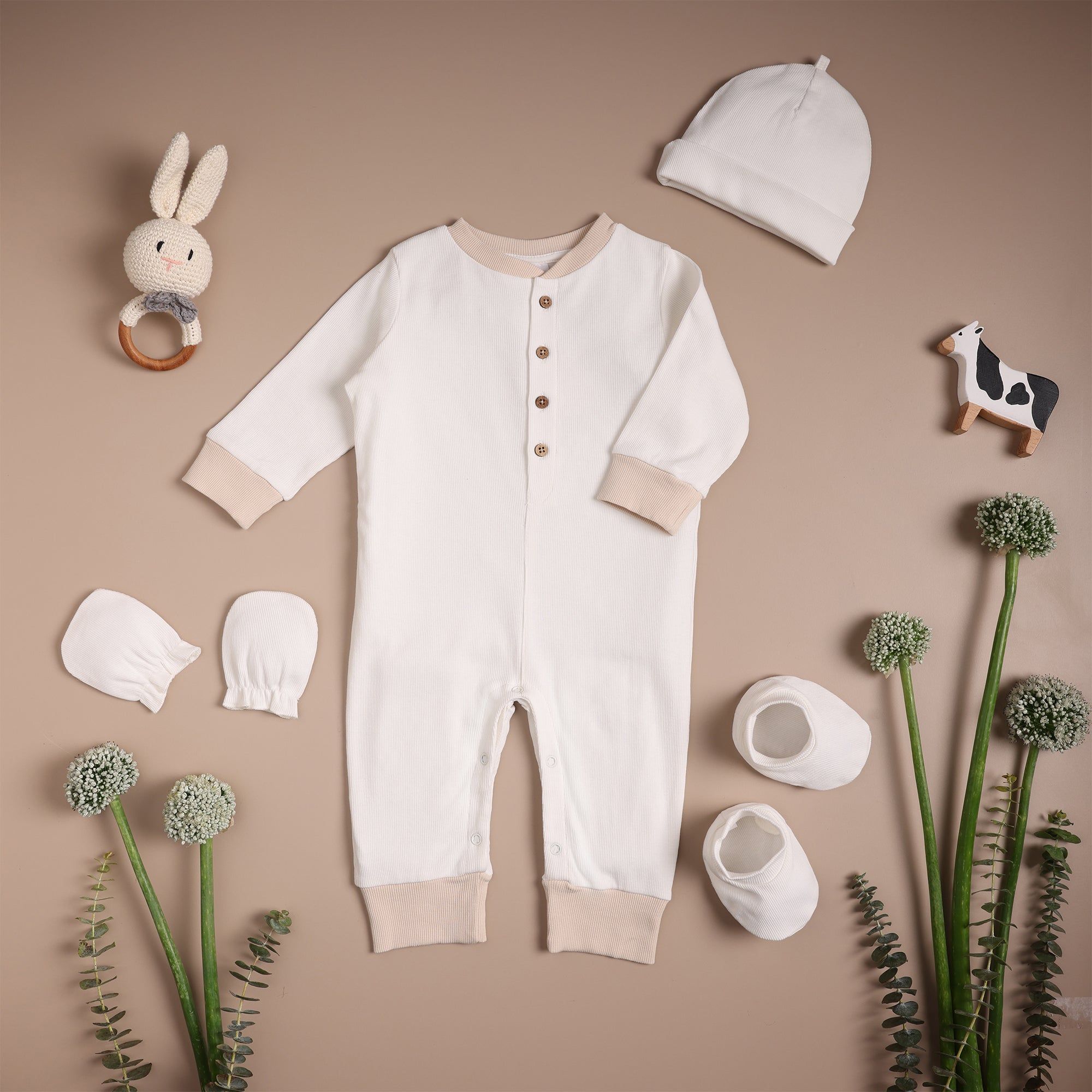 Poshaak Baby Romper Set-Pearl White / 3-6 months with Cap Mittens and Booties