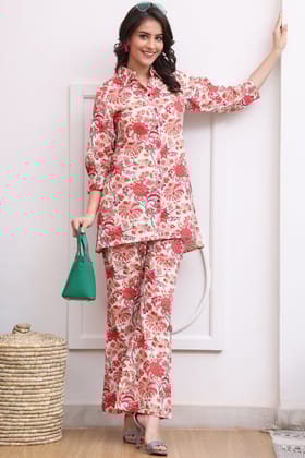 Red Color Floral Printed Cotton Co-ord Set-S