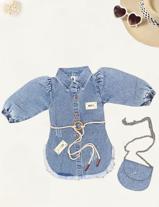 Girl's Denim Dress With Belt[GD-3065] (9Months – 5Years)-9M-12M (Size - 16) / Blue / Denim