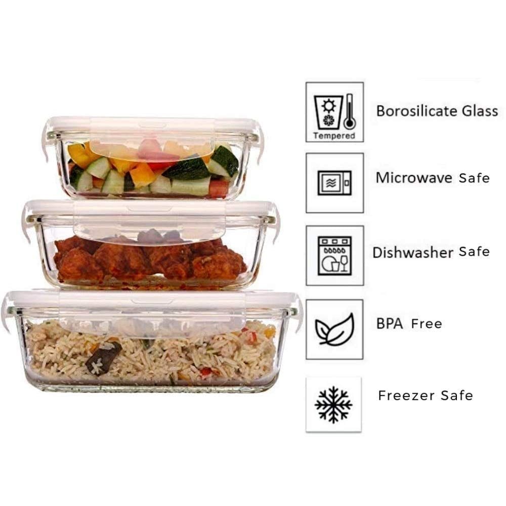 Femora Borosilicate Rectangular Glass Food Storage Container With Air Vent Lid-Set Of 3 Pcs - (400ml, 620 ml, 1000 ml)