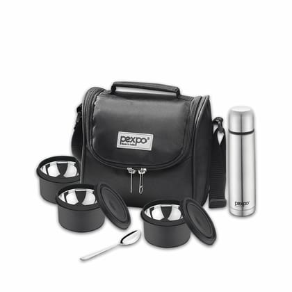 PEXPO Stainless Steel Meal Box with 500 ml Insulated Flask, 3 Containers & 1 Spoon, Royal Lunch Box | BPA-Free & Portable