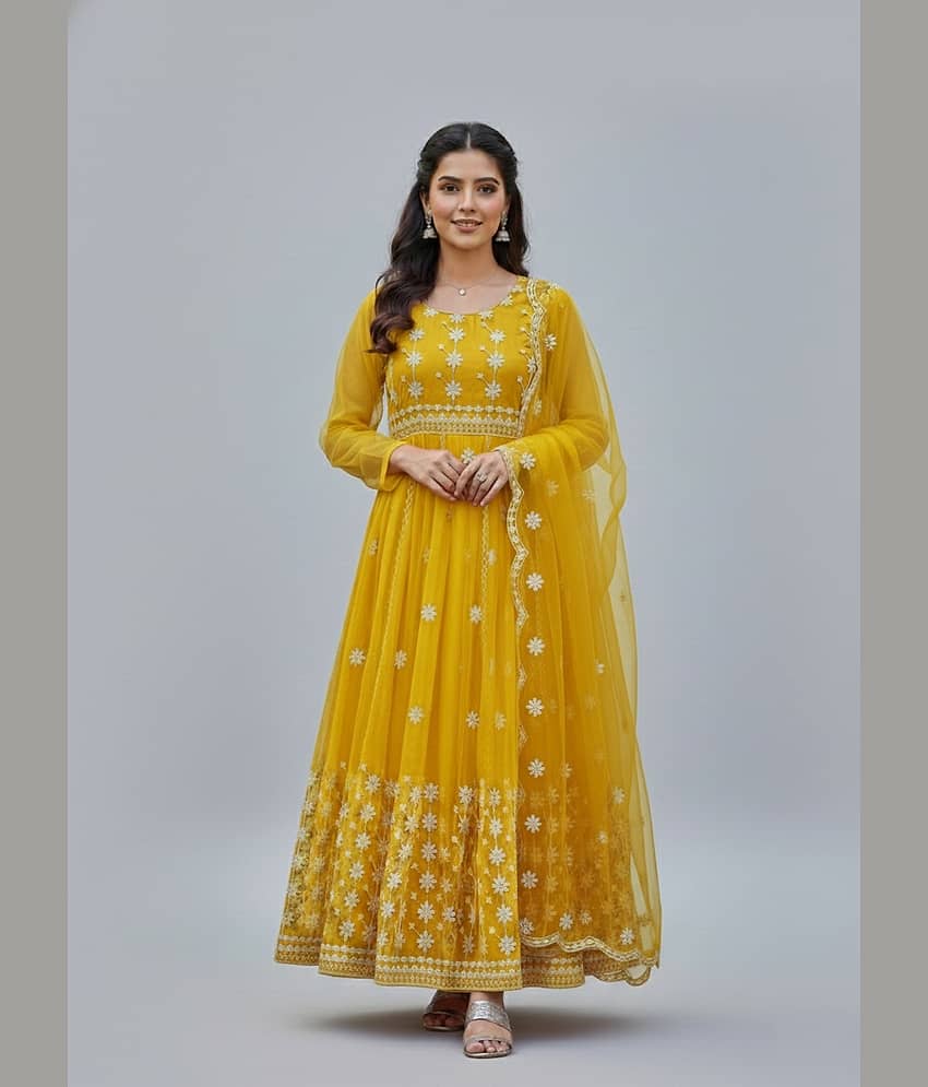 Apnisha Women's Net Semi Stitched Flared Ethnic Gown With Dupatta