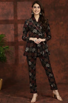 Black Flared Printed Viscose Royal Ethnic Co-ord Set-xl