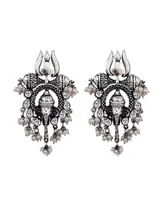 Oxidised Antique Silver Temple Design Statement Dangler Earrings for Women