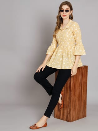 Cream Print Collared Button Top-XL