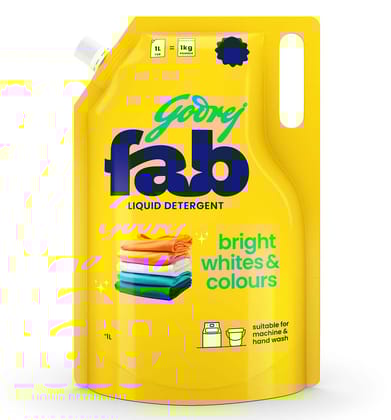 Godrej Fab Liquid Detergent Refill Pouch for Machine & Hand Wash - 1L