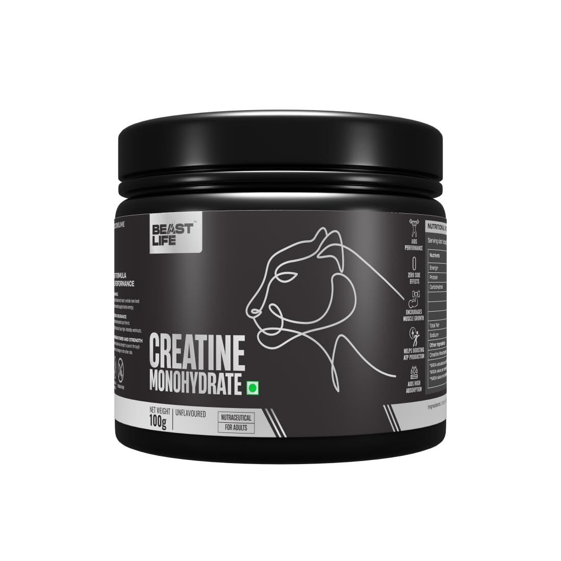 BeastLife Super Micronized Creatine Monohydrate Unflavoured 100g Premium Sports Nutrition | NABL Lab Tested | Rapid Absorption | Supports Athletic Performance & Power