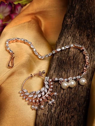 Rose Gold plated AD & Pearl studded Handcrafted Nose Ring