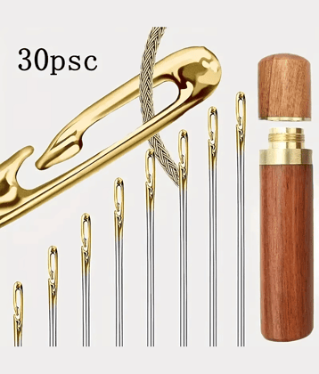 30PCS Easy Self-Threading Quilting Needles Set with Wooden Storage Case – Long Needles for Hand Sewing, Embroidery & DIY Crafting