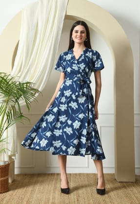 Indigo Floral Wrap Dress-S / Indigo