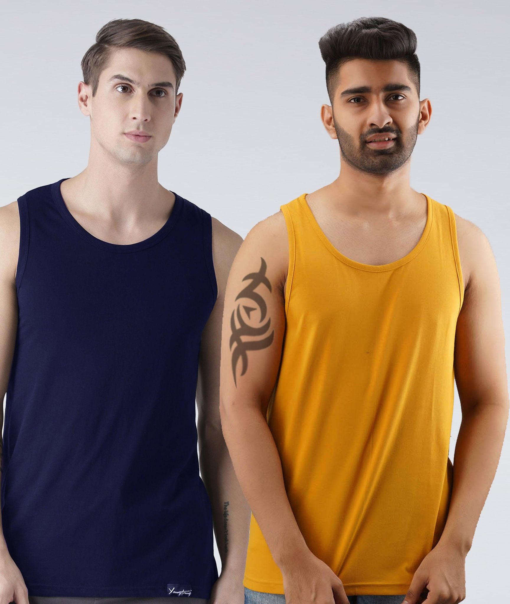 Mens Plain Sleeveless Combo Tshirt-XS / Navy Mustard