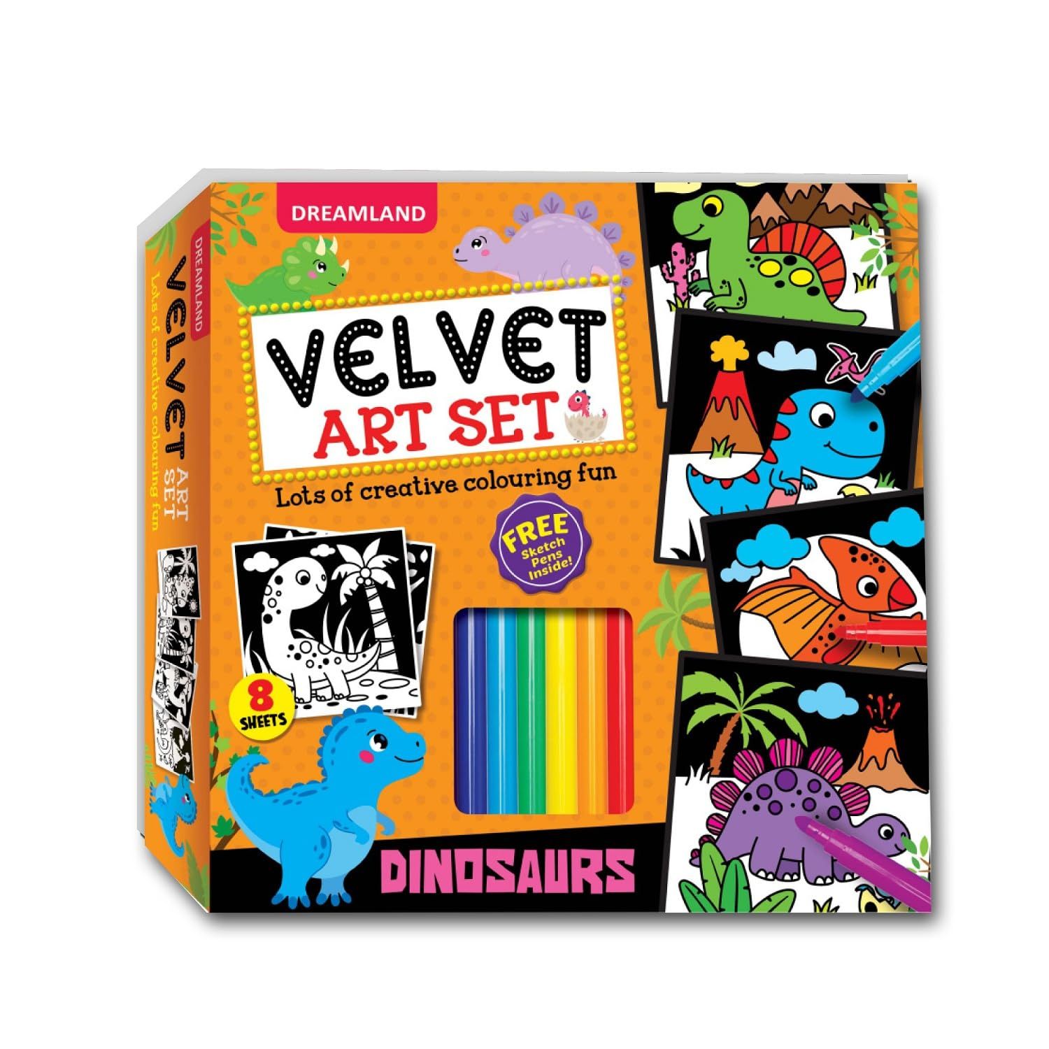 Dinosaurs - Velvet Art Set with 10 Free Sketch Pens : Children Colouring Activity Pack Box Set