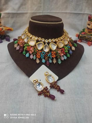 High-Quality Kundan Stone Choker Necklace Set - Multicolored