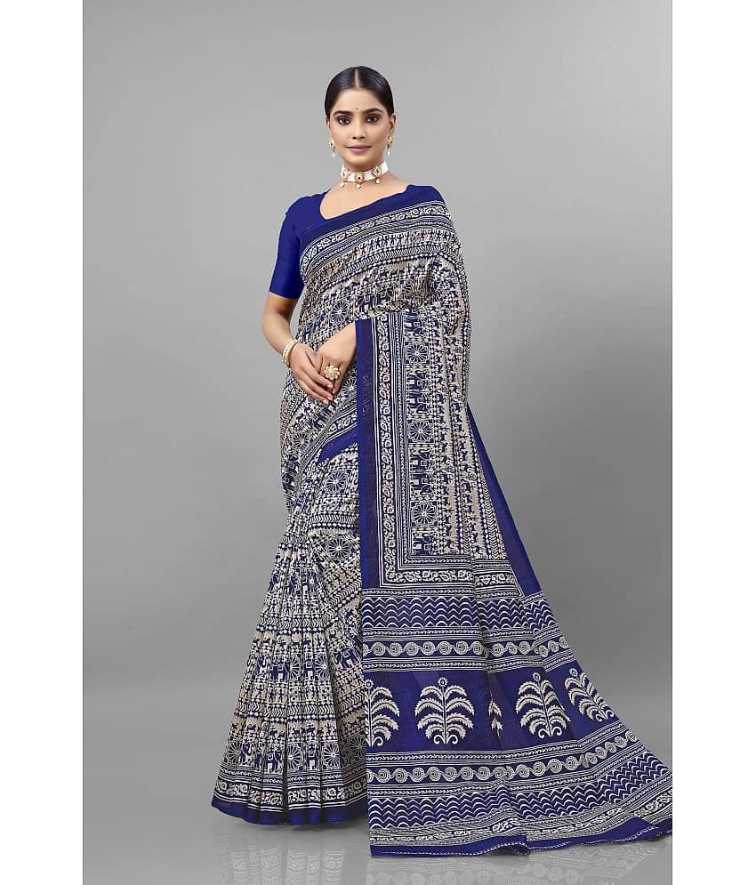 Kanooda Prints Art Silk Printed Saree With Unstitched Blouse Piece ( Blue )