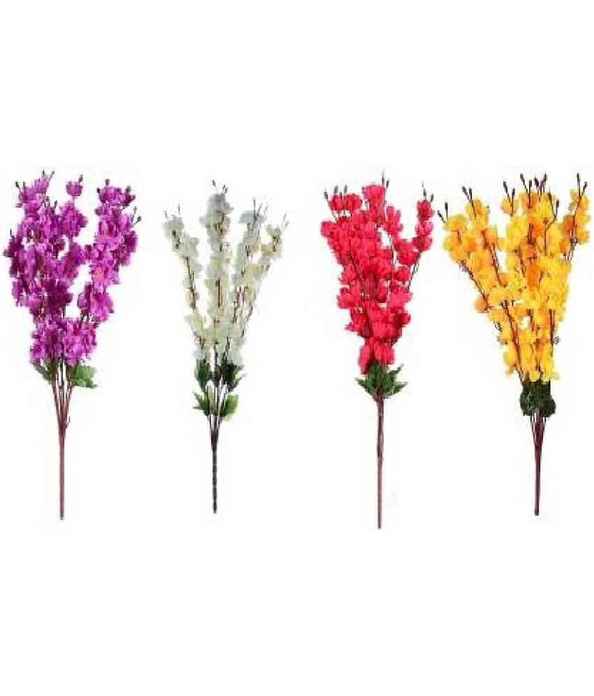 Green plant indoor Orchids Multicolour Artificial Flowers Bunch - Pack of 4