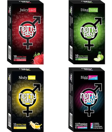 NottyBoy Honeymoon Pack 4-In-1 Ribs Dots Contoured Extra Delay, Banana, Strawberry and Fruit Flavour Condoms - 40 Pcs