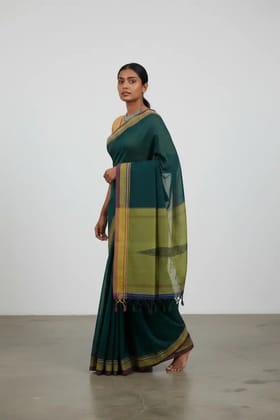 Handwoven Ilkal Saree in Teal Green with Multi-stripe Woven Border