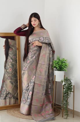 Grey Kanjivaram Organza Silk Saree for Wedding