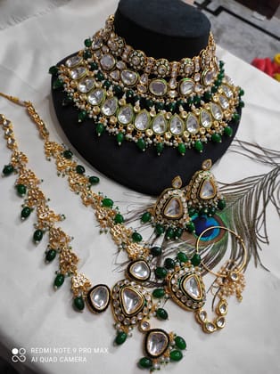 Heavy Kundan Jewellery Set With Choker & Long Necklace-Green