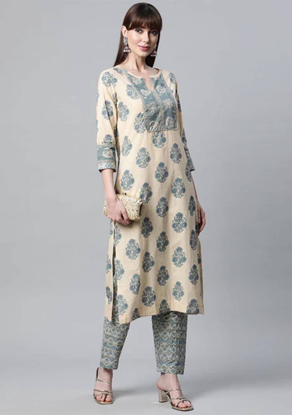 Beige Cotton Straight Kurta Pant Set-XS