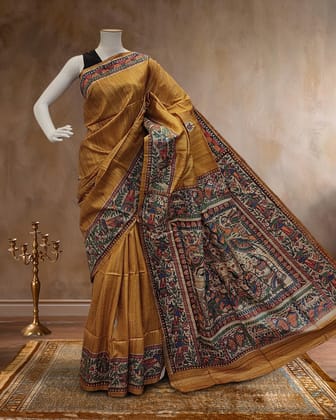 Madhubani Silkmark Gicha Tussar Silk Mustard Yellow Saree