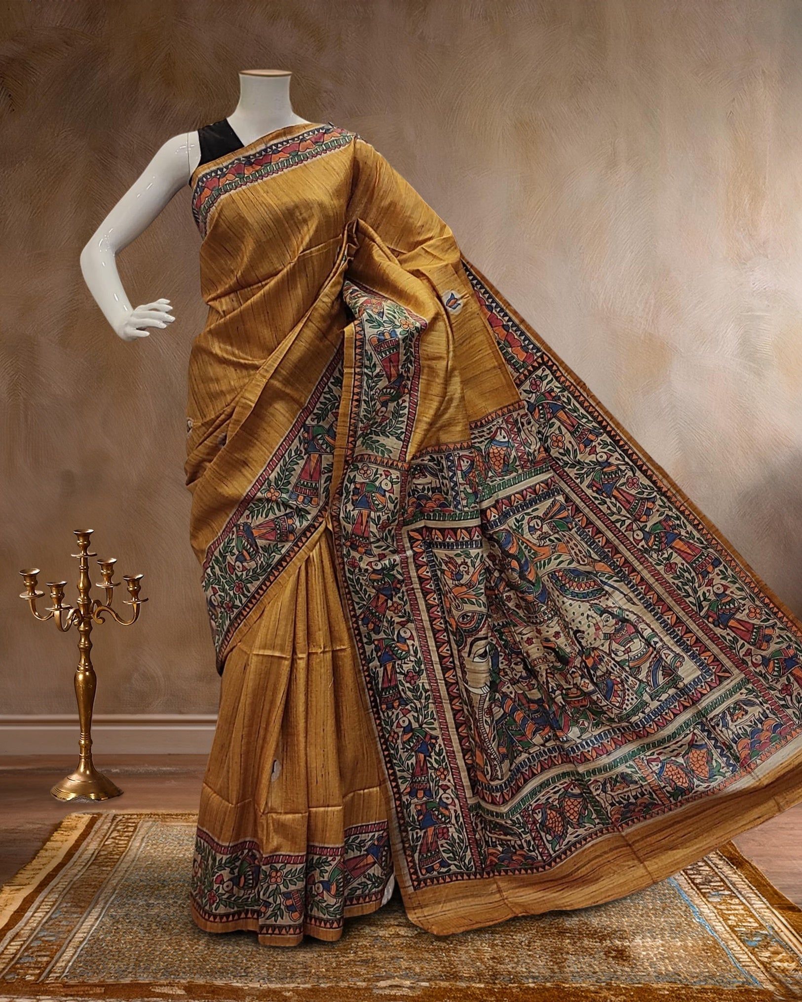 Madhubani Silkmark Gicha Tussar Silk Mustard Yellow Saree