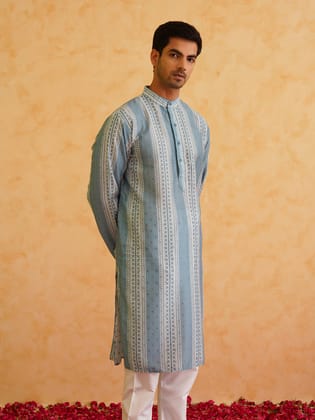 Men's Cotton Silk Printed Teal Blue Kurta-36