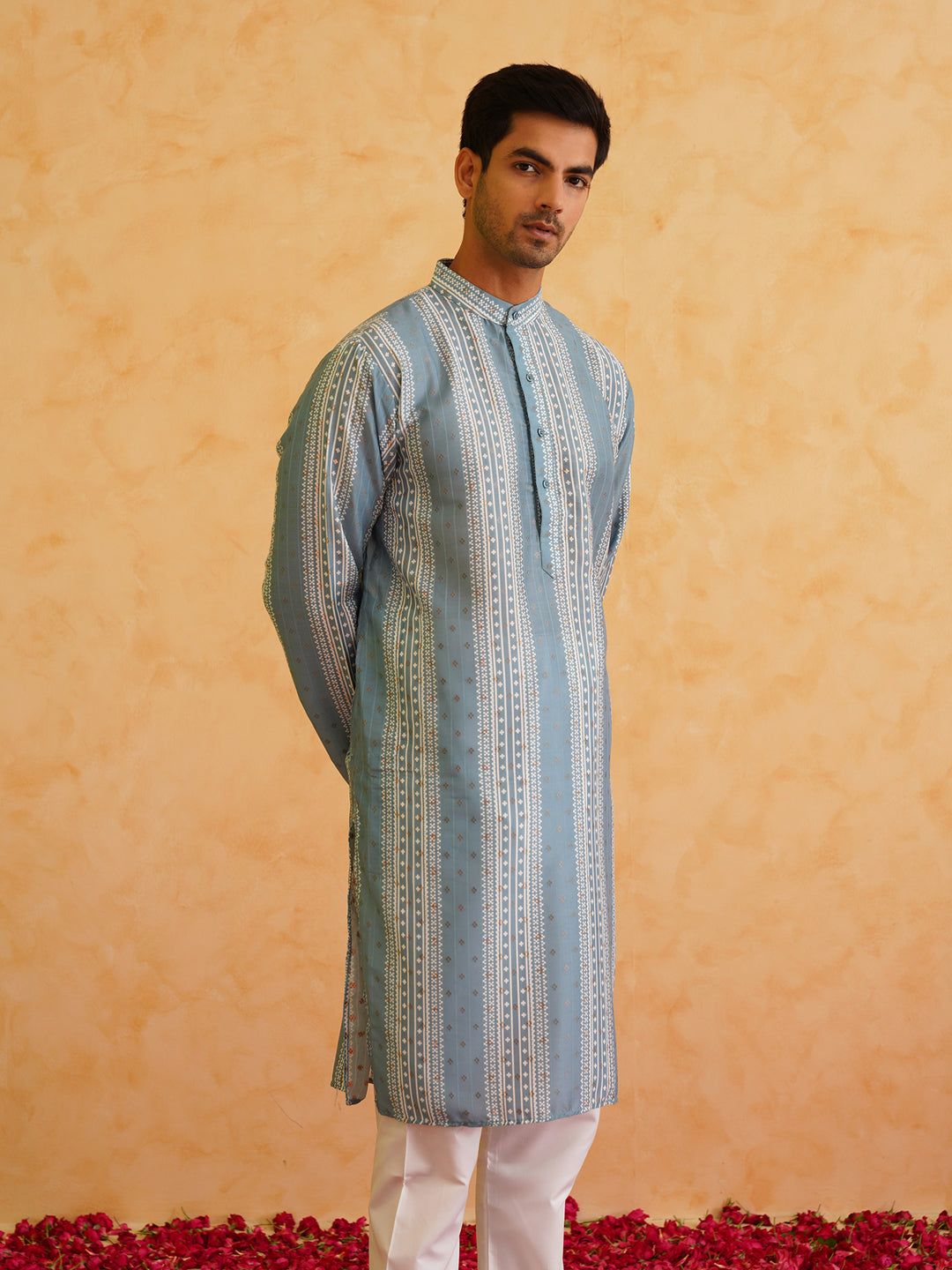 Men's Cotton Silk Printed Teal Blue Kurta-36