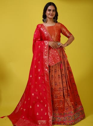 Orange Banarasi Semi-Stitched Lehenga Choli