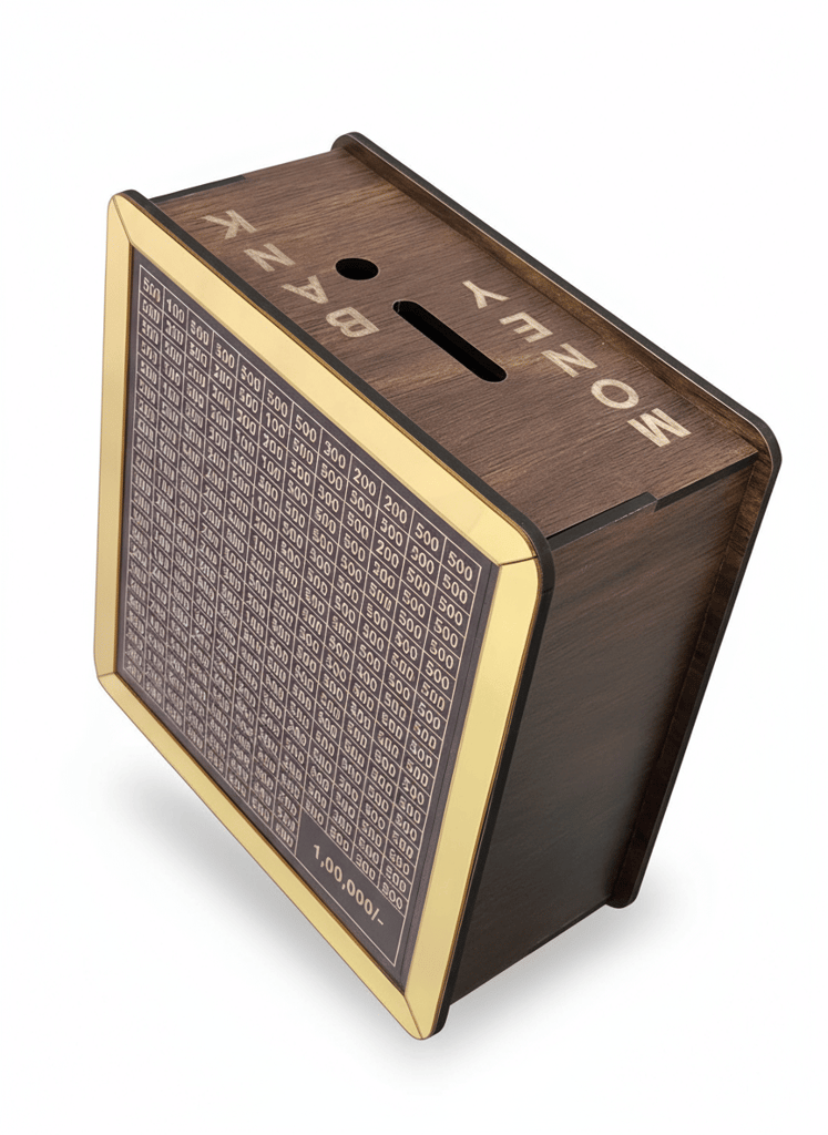 Wooden Money Saving Box with ₹1,00,000 Target Tracker