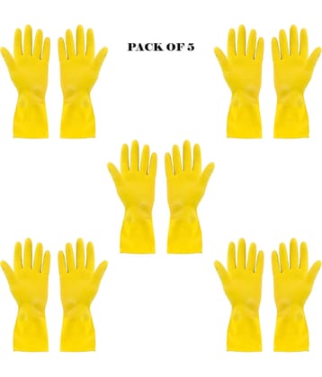 Yellow Cleaning Reusable Rubber Hand Gloves for Washing Cleaning (5 Pairs) Yellow Rubber Free Size Cleaning Glove Set ( Pack of 5 )