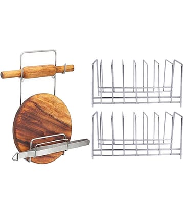 JISUN Stainless Steel Plate Stand / Dish Rack Steel (Pack of 2) & Chakla Belan Stand For Kitchen