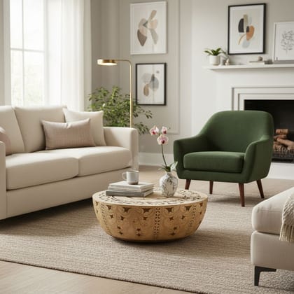 Wooden Round Drum Central Coffee Table-Side Table