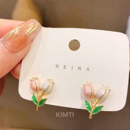 Pink Tulip Flower Pearl Stud Korean Earrings