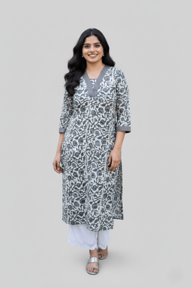 Rivaaj Ethnic Lyla Bagru Kurta (Size M) | Grey Cotton Straight Fit | Daily & Office Wear | V Neck 3/4 Sleeves