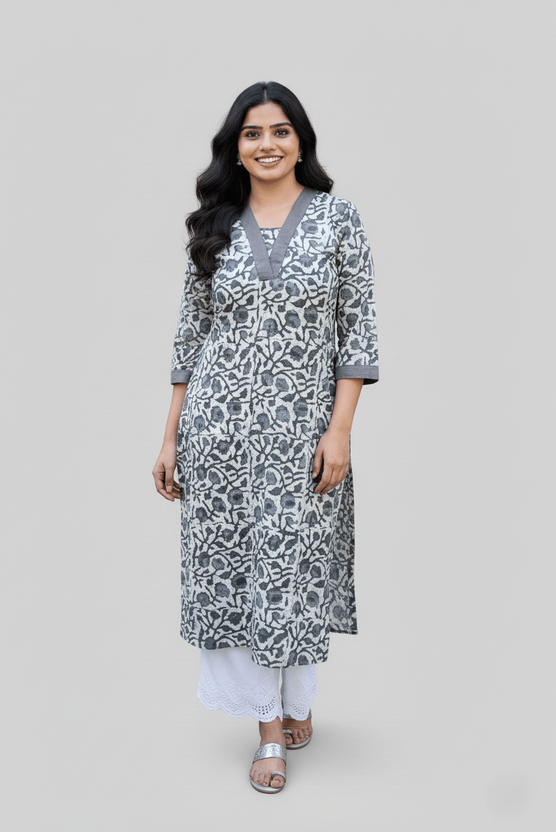Rivaaj Ethnic Lyla Bagru Kurta (Size M) | Grey Cotton Straight Fit | Daily & Office Wear | V Neck 3/4 Sleeves