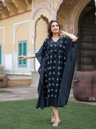 Black Floral Print Kaftan-XS