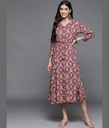 Varanga Viscose Printed Midi Women's A-line Dress - Burgundy ( Pack of 1 )