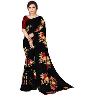 SVB Sarees Womens Black Colour Georgette Printed Saree With Blouse Piece