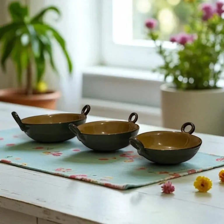 Duo-Tone Kadahi Serving Bowls (Set of 3) (Dark Green & Brown)