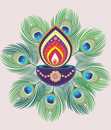 Print Mantras Beautiful Peacock Feather and Diya Rangoli Wall Sticker ( 60 x 60 cms )
