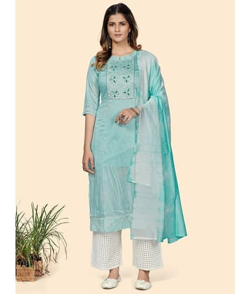 Vbuyz - Blue Chanderi Women's Straight Kurti ( Pack of 1 )