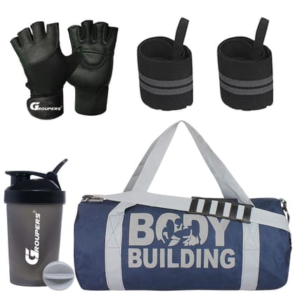 GROUPERS Duffle Canvas Bag with Shaker Bottle-400ml, Wrist Band & GloveslSports & Travel BaglSports Kitl (Blue)