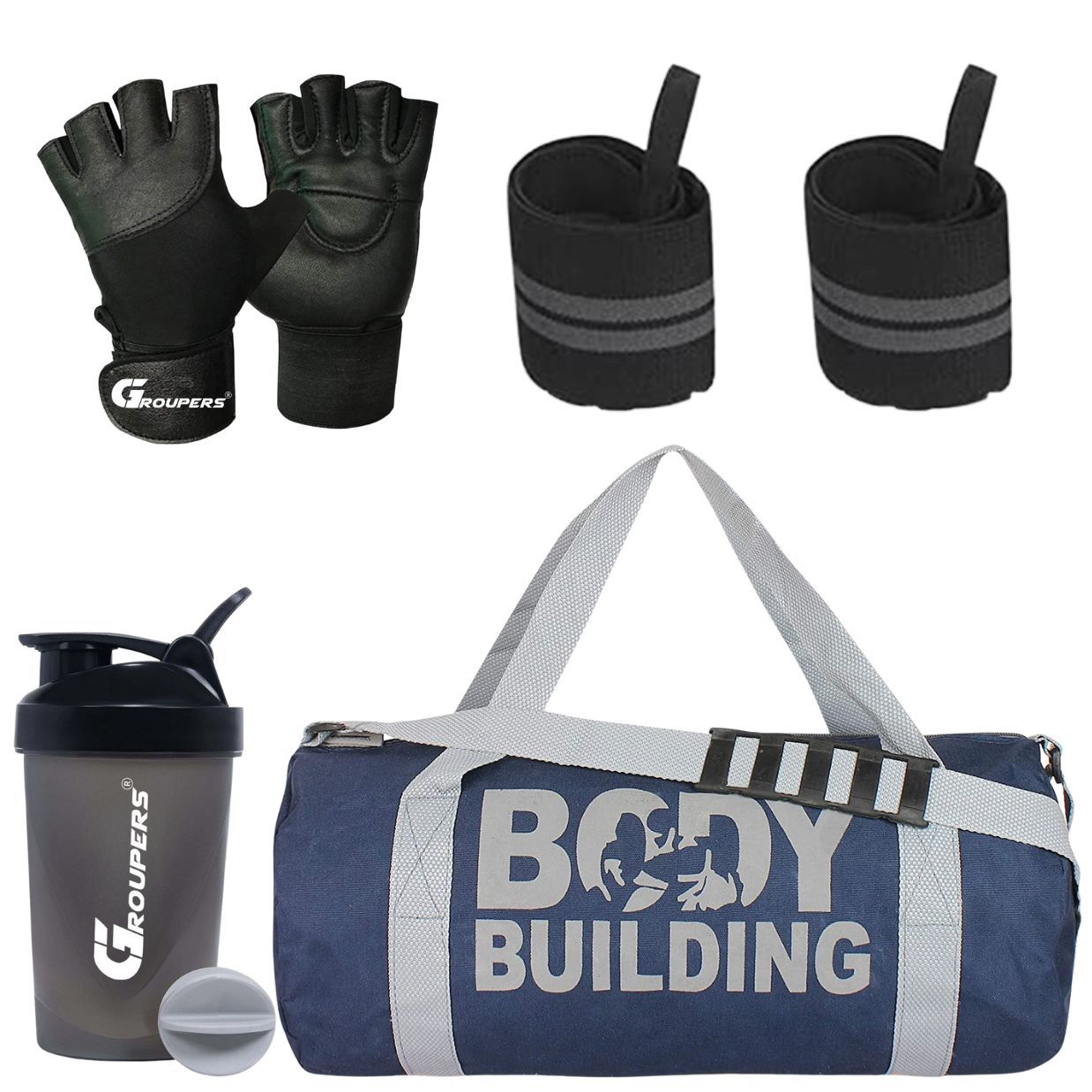 GROUPERS Duffle Canvas Bag with Shaker Bottle-400ml, Wrist Band & GloveslSports & Travel BaglSports Kitl (Blue)