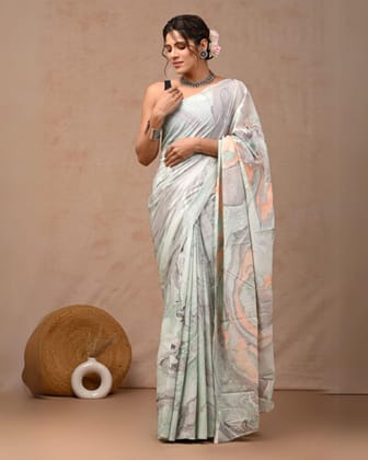Blockprinted Pure Mul Cotton Luminous Gray Saree