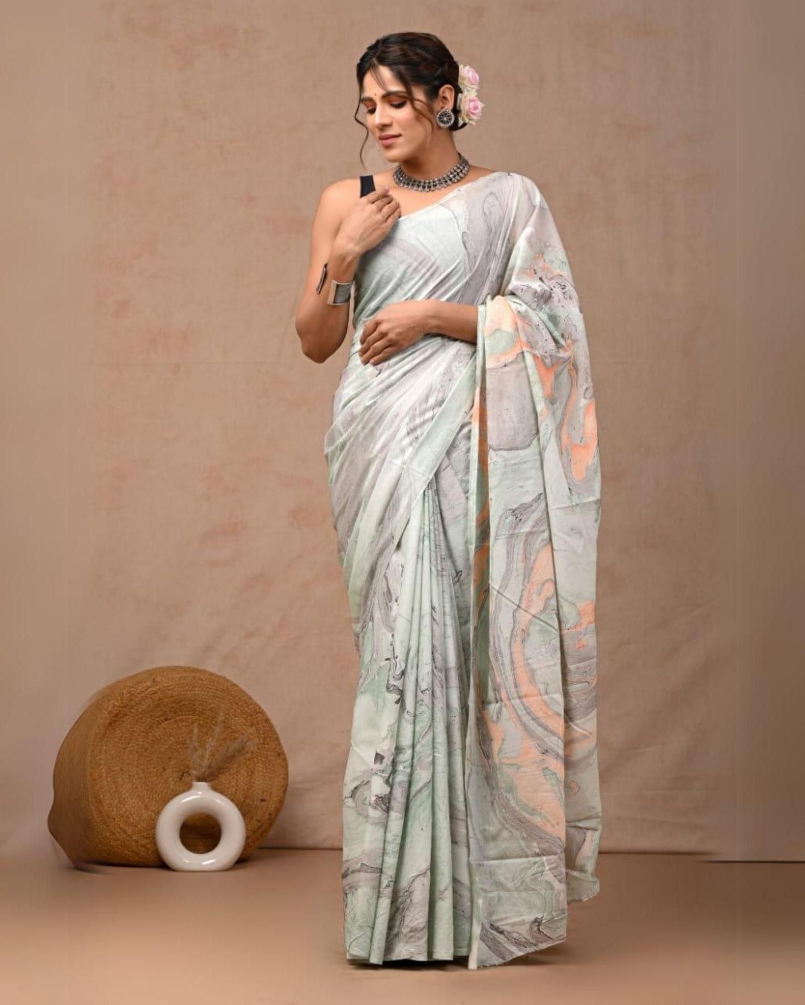 Blockprinted Pure Mul Cotton Luminous Gray Saree