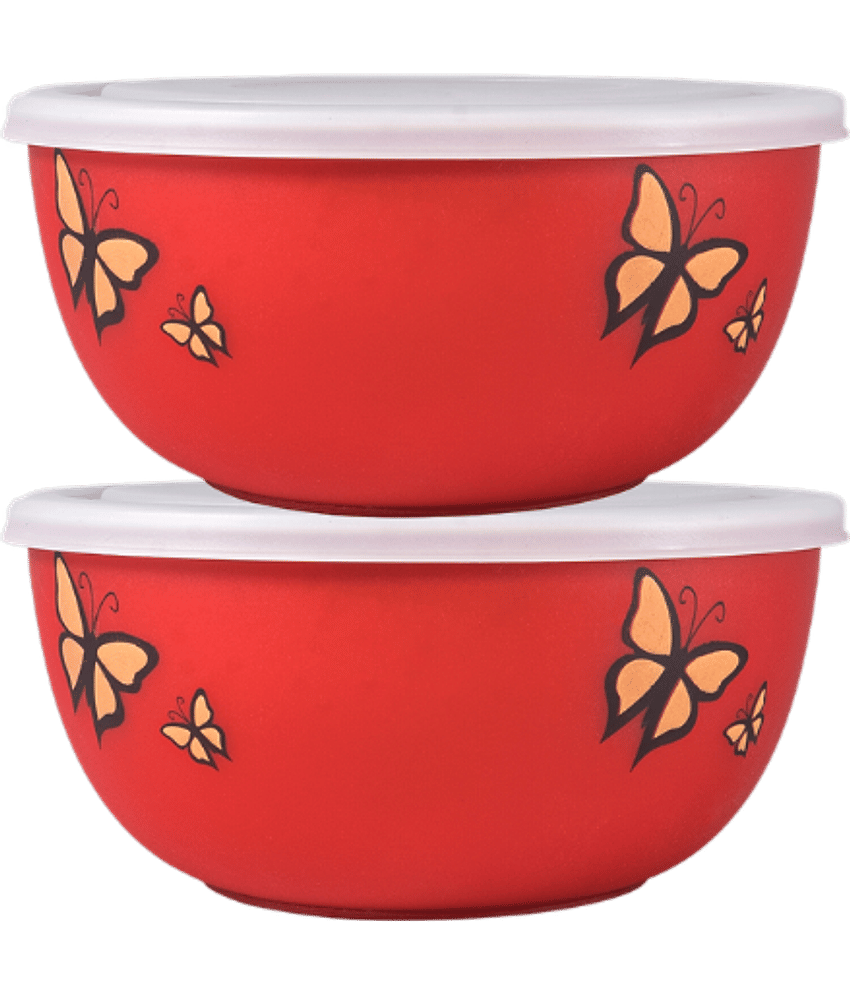 BOWLMAN Microwave Safe Bowl Steel Red Food Container ( Set of 2 )